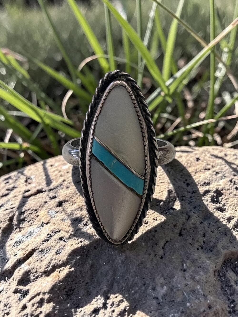 Vintage Silver Turquoise Inlay Navette Statement Ring Rope Border Bezel Design